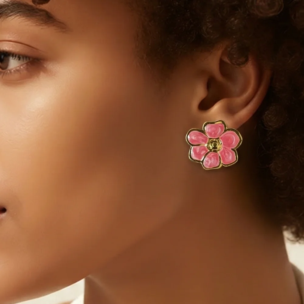 Pink Poppy Flower Stud Earrings Gold Stainless Steel Moiré Enamel Feminine Chic